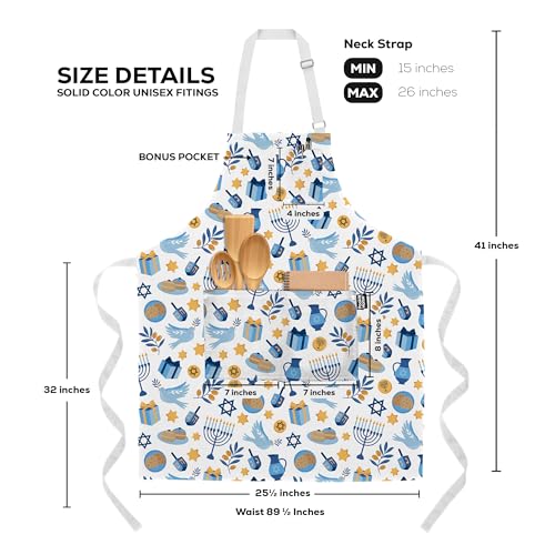 Professional Grade Premium Chef Kitchen Aprons for Cooking with Two Pockets, Water and Stain-Resistant, Machine Washable, Cute Cooking Aprons for Women and Men (Seasonal, Happy Hanukkah)