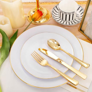 Festiva 176Pcs White and Gold Plastic Plates - White Plastic Plates with Gold Rim 25Guest include 25Dinner Plates 25Dessert Plates 25Cups 25 Cutlery 25Napkins for Thanksgiving Party&Wedding&Christmas