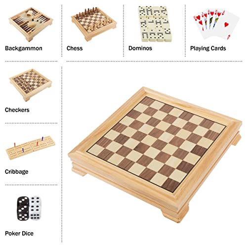 Board Game Set - Deluxe 7-in-1 Classic Board Games for All Ages - Wood Game Center with Storage - Chess, Backgammon, Dominos, Checkers, Dice Set, Cribbage Board, and Playing Cards by Trademark Games