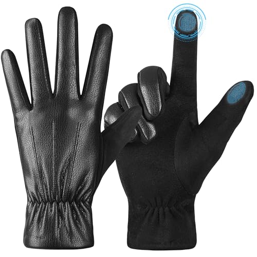 Winter Fashion Leather Gloves for Men, Finger Touchscreen Texting Wool Lined Warm Windproof Suede Driving Gloves