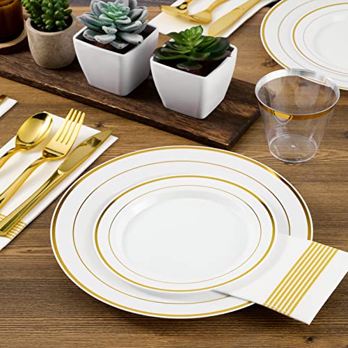 Clip coupon Amazon FOCUSLINE 600 Ct Gold Dinnerware Set for 100 Guests - Gold Rimmed White Disposable Plastic Plates, Includes 100 Dinner & Salad Plates, Cups, Cutlery Set for Wedding Parties