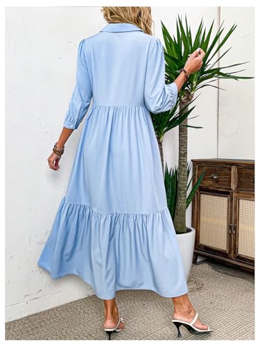 MakeMeChic Women's Lantern Sleeve Ruffle Tiered Maxi Dress Button Smocked Dresses