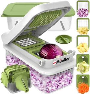 Mueller Pro-Series V Blade Veggie Chopper, Egg Slicer, Spiralizer, Dicer, Cutter, Food Chopper, Gifts for Mom, Kitchen Accessories & Kitchen Essentials with Food Container and Lid White Sand/Green