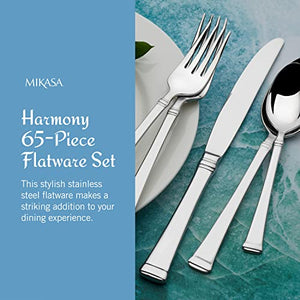 Mikasa, Harmony Flatware Service for 12, 65 Piece Set, 18/10 Stainless Steel, Silverware Set with Serving Utensils