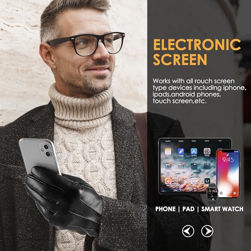 Winter Fashion Leather Gloves for Men, Finger Touchscreen Texting Wool Lined Warm Windproof Suede Driving Gloves