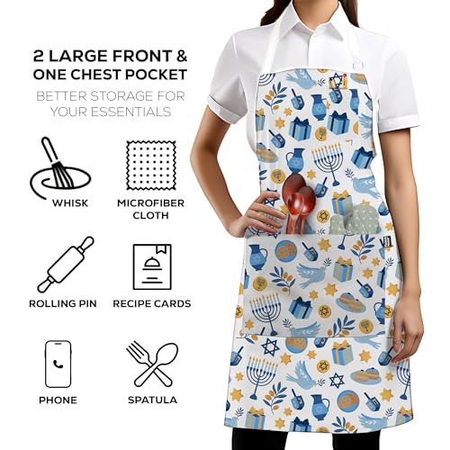 Professional Grade Premium Chef Kitchen Aprons for Cooking with Two Pockets, Water and Stain-Resistant, Machine Washable, Cute Cooking Aprons for Women and Men (Seasonal, Happy Hanukkah)