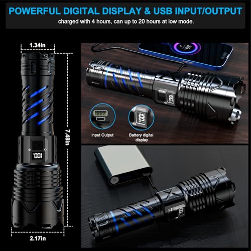 Rechargeable Flashlight, 20000 High Lumens Long Beam Super Bright Powerful Flashlight, 5 Mode, Zoomable, Waterproof, Tactical Flashlight for Camping Hiking