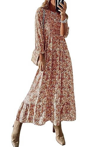 miduo Womens Smocked Crewneck Long Sleeve High Waist Floral Maxi Long Floor Length Dresses
