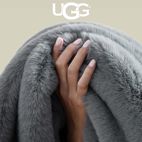 Amazon UGG Euphoria Faux Fur Throw Blanket, Oversized Soft Throw for Couch or Bed, Luxury Room Decor, Giftable Fuzzy Blankets, Machine Washable, 50-inch x 70-inch, Chambray Blue Grey