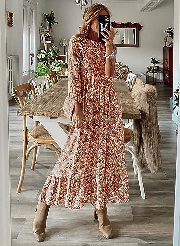 miduo Womens Smocked Crewneck Long Sleeve High Waist Floral Maxi Long Floor Length Dresses