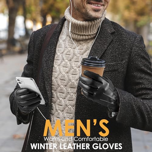Winter Fashion Leather Gloves for Men, Finger Touchscreen Texting Wool Lined Warm Windproof Suede Driving Gloves