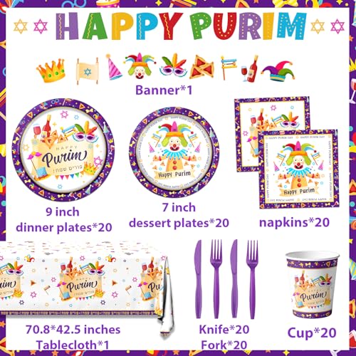 Happy Purim Party Supplies,122Pcs Jewish Purim Tableware Decorations Set Purple White Purim Mask Plates and Clown Napkins,Purim Tablecloth Happy Purim Banner for Jewish Carnival Holiday Party Decor