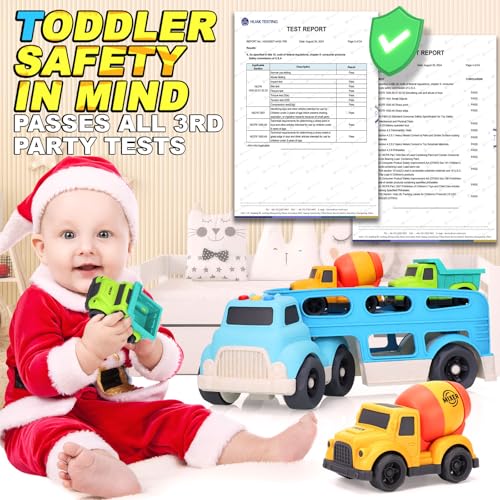 Toddler Toys for 1 2 3 4 Year Old Boys, Wheat Straw Toy Cars, No BPA Dump Truck, Mixer Cement, 3 in 1 Transport Carrier Trucks for Toddlers 2-4, Music Lights Learning Toy, Kids Christmas Birthday Gift
