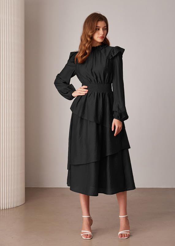GRACE KARIN Women's Long Sleeve Fall Dresses 2024 Casual Ruffle Mock Neck Midi Wedding Guest Cocktail Flowy Dress