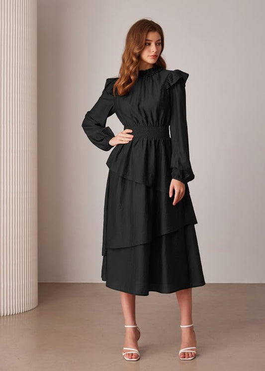 GRACE KARIN Women's Long Sleeve Fall Dresses 2024 Casual Ruffle Mock Neck Midi Wedding Guest Cocktail Flowy Dress