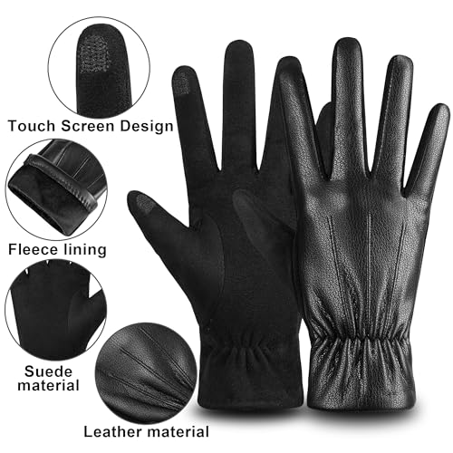 Winter Fashion Leather Gloves for Men, Finger Touchscreen Texting Wool Lined Warm Windproof Suede Driving Gloves