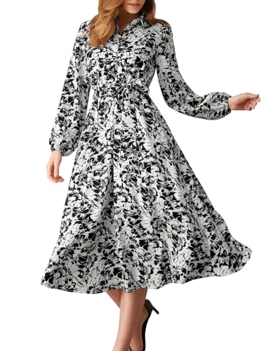GRACE KARIN Women Floral Collar Shirt Dress Elegant Lantern Long Sleeve Casual Vacation Beachwear