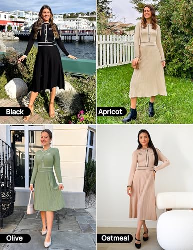 ZESICA Women's Spring Pleated Sweater Dress Long Sleeve Crewneck Ribbed Knitted Midi Dresses