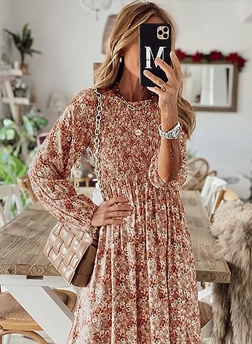miduo Womens Smocked Crewneck Long Sleeve High Waist Floral Maxi Long Floor Length Dresses
