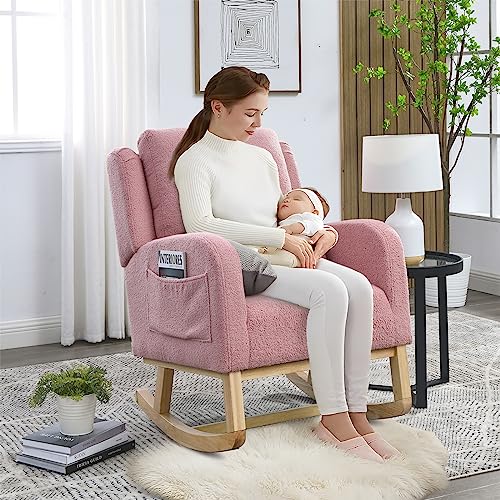 Amazon Antetek Rocking Glider Chair for Nursery, Wingback Accent Rocker Chair Upholstered Tall Back Arm Chair w/Side Pockets, Modern Leisure Single Sofa for Living Room, Hotel, Bedroom, Baby Room, Pink