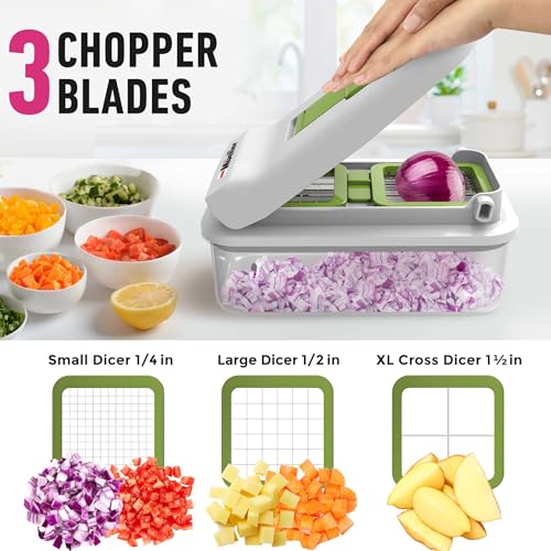 Mueller Pro-Series V Blade Veggie Chopper, Egg Slicer, Spiralizer, Dicer, Cutter, Food Chopper, Gifts for Mom, Kitchen Accessories & Kitchen Essentials with Food Container and Lid White Sand/Green