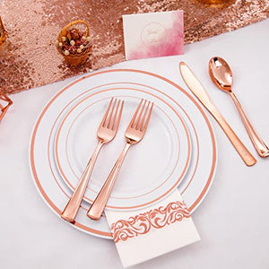 700 PCS Rose Gold Dinnerware Set-200 Rose Gold Plastic Plates-300 Rose Gold Disposable Silverware-100 Disposable Cups 10 oz-100 Paper Napkins,White Plates Rose Gold Rim for Party & Wedding