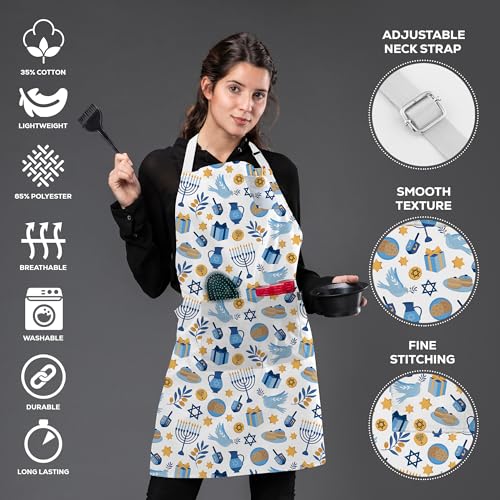 Professional Grade Premium Chef Kitchen Aprons for Cooking with Two Pockets, Water and Stain-Resistant, Machine Washable, Cute Cooking Aprons for Women and Men (Seasonal, Happy Hanukkah)