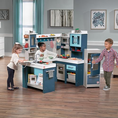 Step2 Grand Walk-In Wooden Kids Kitchen Playset, Indoor/Outdoor Kitchenette, Interactive Play with Lights and Sounds, Made of Durable Wood, Includes 15 Piece Toy Accessories, For Toddlers 3+ Years Old