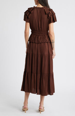 MOON RIVER Tiered Plissé Midi Dress