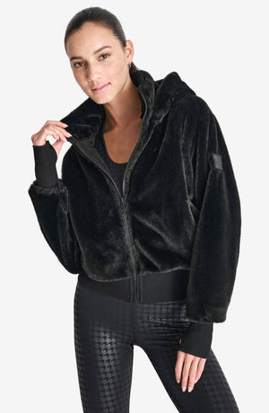 DKNY Faux Fur Zip Jacket with Removable Hood, Alternate, color, Black