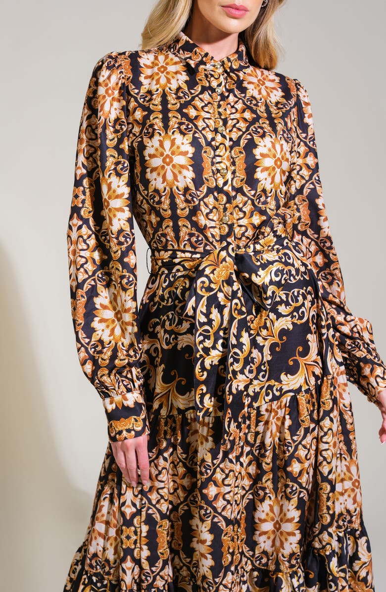 FLYING TOMATO Print Long Sleeve Tiered Midi Shirtdress