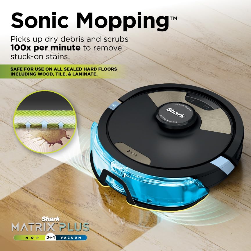 Shark Matrix Plus 2in1 Robot Vacuum & Mop with Sonic Mopping, Matrix Clean, Home Mapping, HEPA Bagless Self Empty Base, CleanEdge, for Pet Hair, WiFi, Black/Brass, AV2620WA