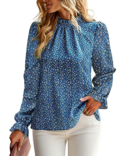 BTFBM Womens Long Sleeve Blouses Casual Boho Tops Frill Trim Mock Neck Floral Print 2024 Summer Fall Shirts Blouse Top