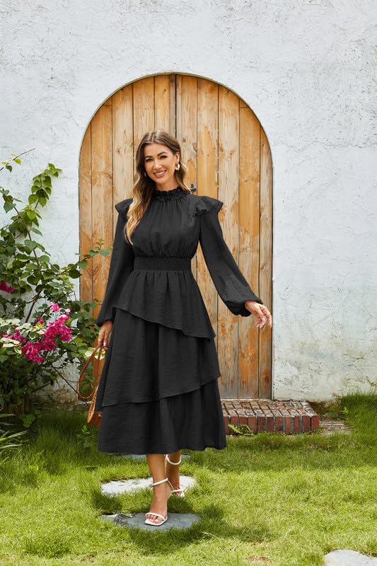 GRACE KARIN Women's Long Sleeve Fall Dresses 2024 Casual Ruffle Mock Neck Midi Wedding Guest Cocktail Flowy Dress