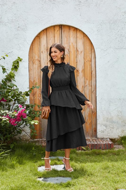 GRACE KARIN Women's Long Sleeve Fall Dresses 2024 Casual Ruffle Mock Neck Midi Wedding Guest Cocktail Flowy Dress