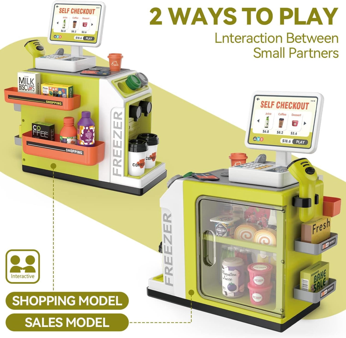 Walmart Adofi 46PCS Upgraded Cash Register Playset for Kids, Cashier Register Toy, Kids Pretend Play Cash Register Toys with Scanner, Shopping Cart, Calculator, Play Food, Toys for Girls 3 6 Years-Green