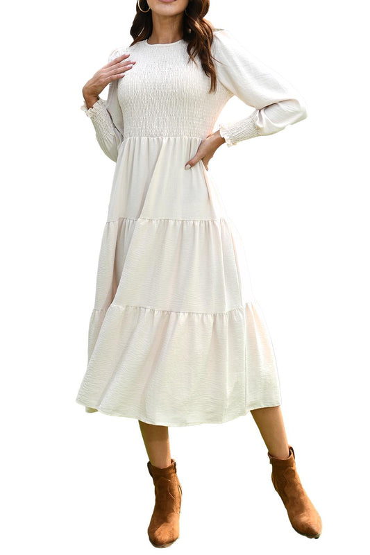 Walmart Mengpipi Womens Casual Long Sleeve Midi Dresses Smocked Flowy Tiered Dress Beige, Size 12-14