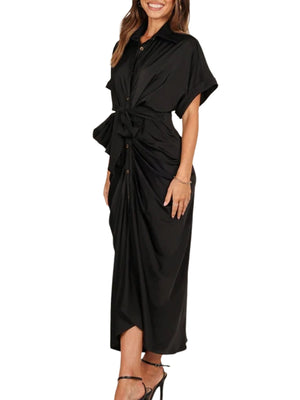 Hanerdun Women Button Down Ruched Shirt Dresses V Neck Belted Party Maxi Satin Dress Black S - image 4 of 5