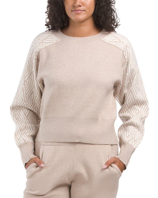 Long Sleeve Raglan Pullover With Geometric Pattern On Sleeves