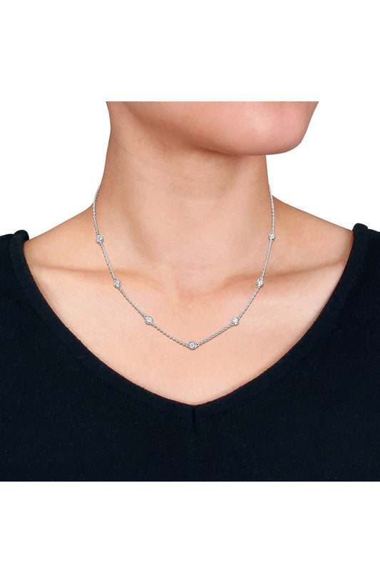 DELMAR Sterling Silver Lab Grown White Sapphire Station Chain Necklace