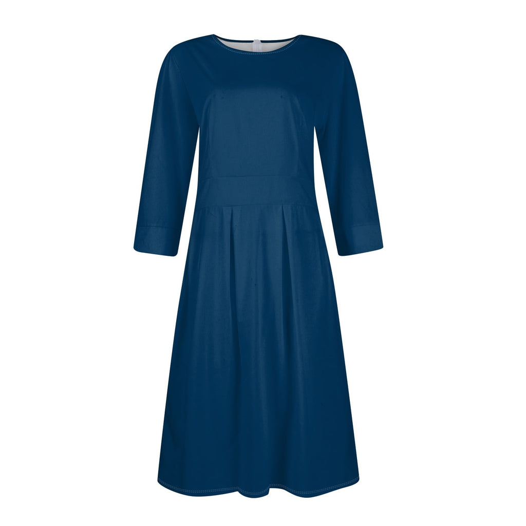Walmart LISTHA Vintage Midi Dresses for Women Modest 3/4 Sleeve Crew Neck Wrap Dress A Line Pleated Wedding Guest Dress with Pockets Dark Blue XL