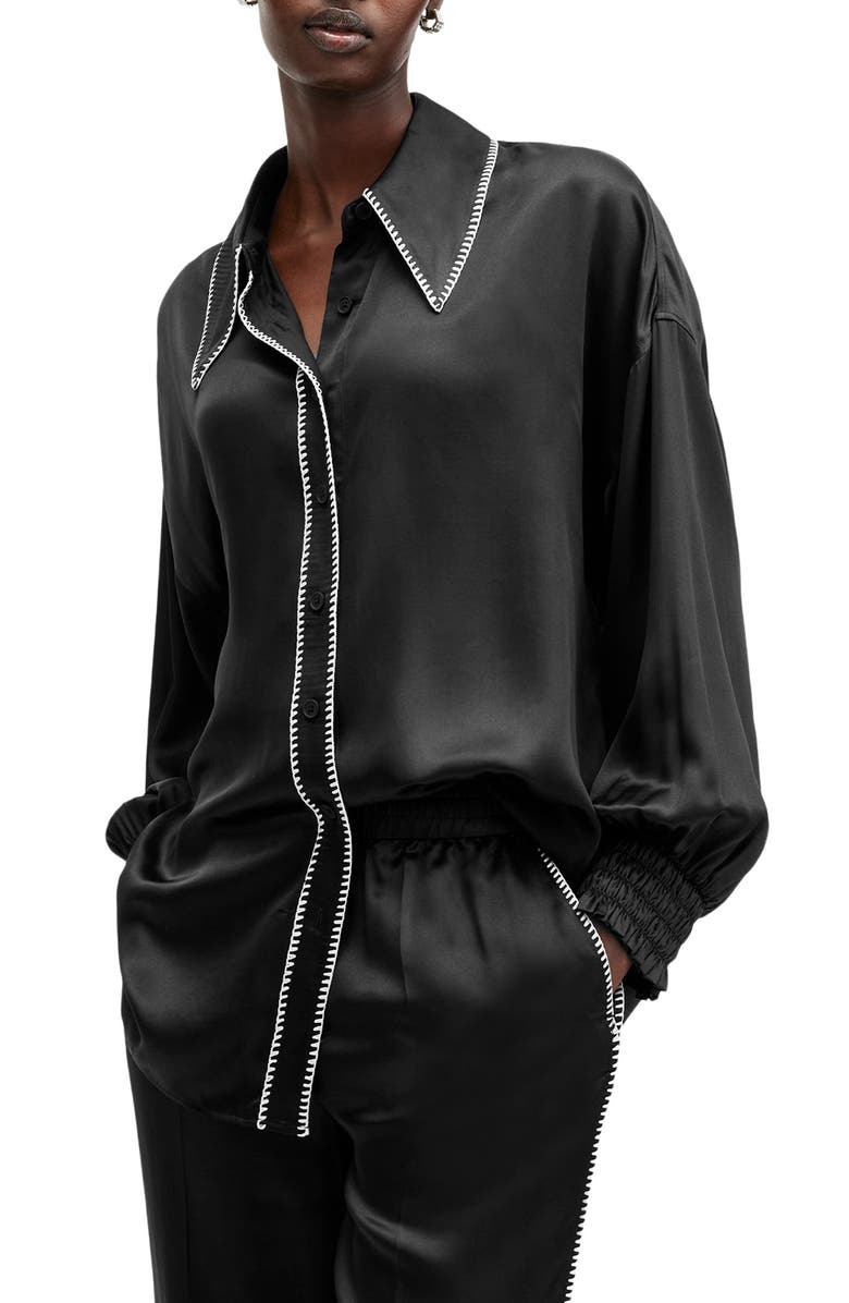 AllSaints Charli Whipstitch Oversize Satin Button-Up Shirt
