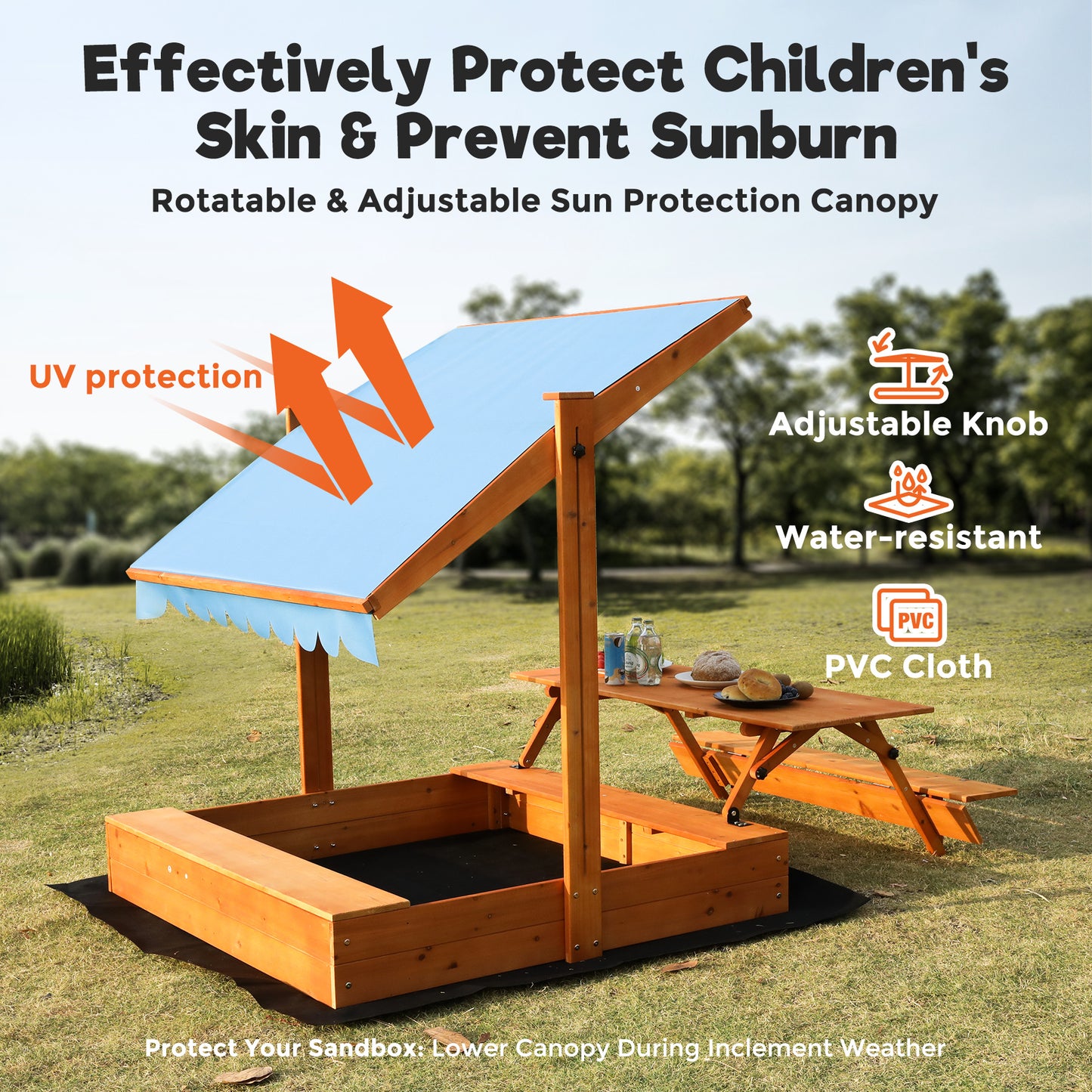 Walmart FUNTOK Wooden Sandbox for Kids, 76'' x 45'' x 45'' Sand Box with Cover & Picnic Table Foldable, Canopy Sandbox Outdoor, Ideal for Children Aged 2-6 for Lawn Garden Backyard Beach