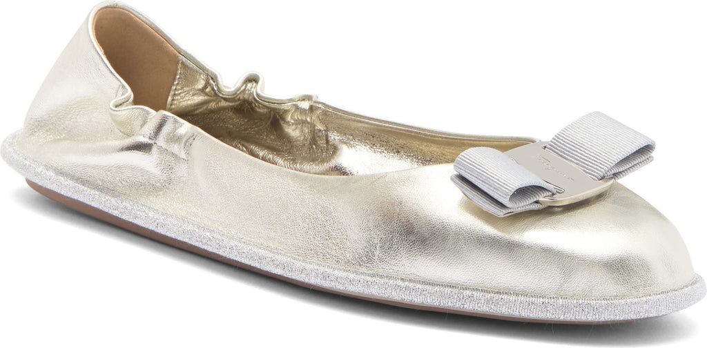 FERRAGAMO Varina Grosgrain Bow Flat, Main, color, Silver