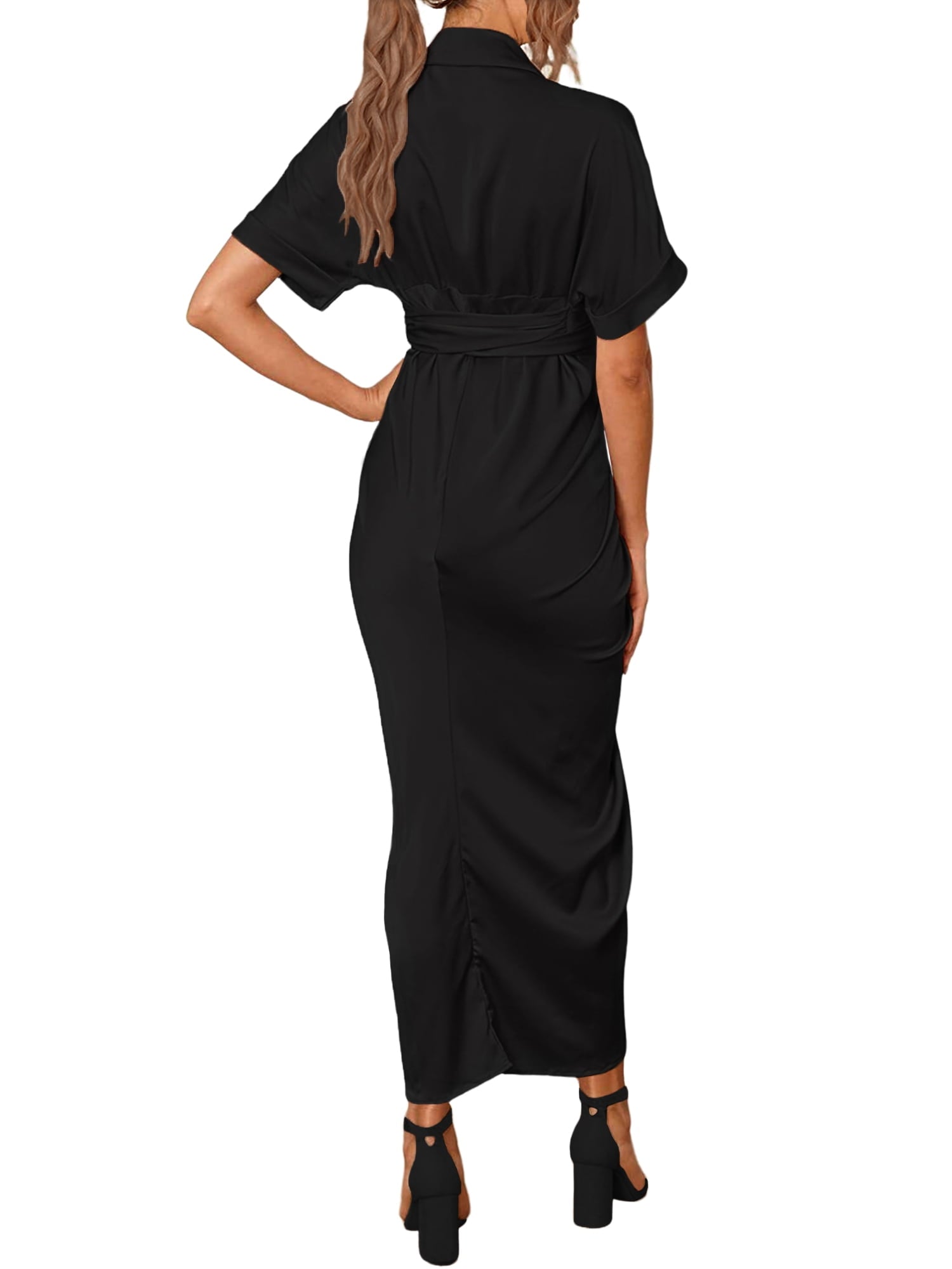 Hanerdun Women Button Down Ruched Shirt Dresses V Neck Belted Party Maxi Satin Dress Black S - image 5 of 5