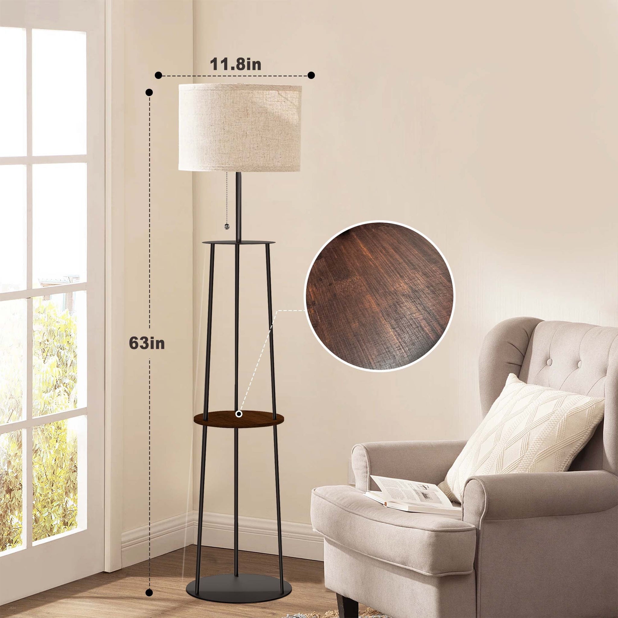 thumbnail image 2 of 65" Floor Lamp with Shelves, 3 Color Temperature Bulb, Remote Control, Stepless Dimming - Modern Design with Circular Stand and Linen Lampshade, 2 of 7