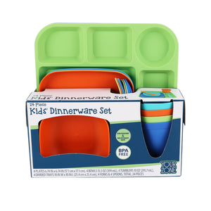 thumbnail image 3 of Your Zone 24-Piece Plastic Square Dinnerware Set for Kids with 4 Each Trays, Bowls, Plates, Cups, Forks, Spoons in Orange, Blue, Aqua, Green, 3 of 9