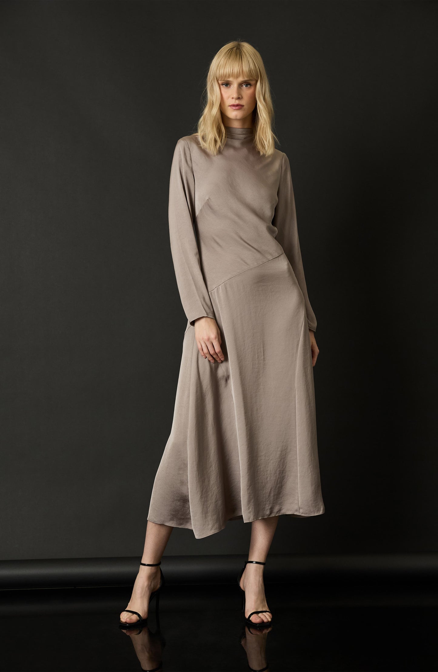 Luxely Funnel Neck Long Sleeve Midi Dress, Alternate, color, Taupe Gray