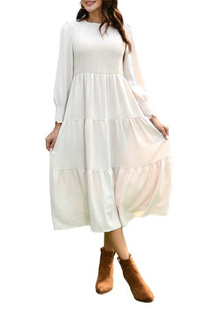 Walmart Mengpipi Womens Casual Long Sleeve Midi Dresses Smocked Flowy Tiered Dress Beige, Size 12-14