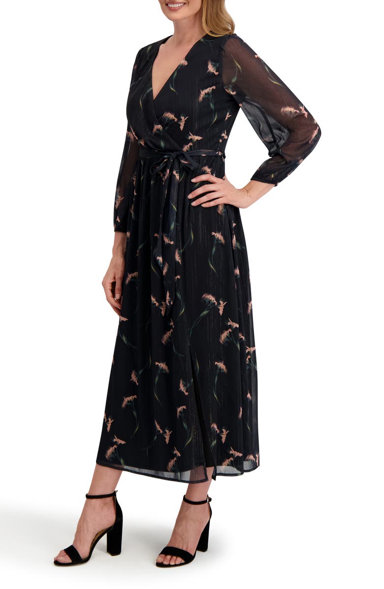 Laundry by Shelli Segal Maya Floral Long Sleeve Faux Wrap Chiffon Dress